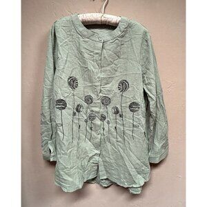 O-nelue Women Long Sleeve Art To Wear Shirt Tunic Top XL Green Cotton Casual New